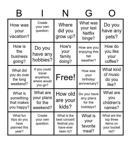 Conversation Starter Bingo Card