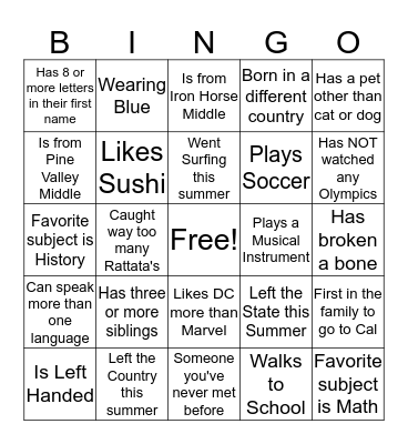Welcome Back Bingo Card