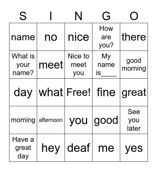 Mango ASL Lesson 1 Bingo Card