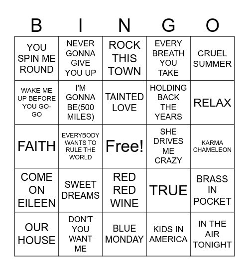 80's POP MUSIC Bingo Card