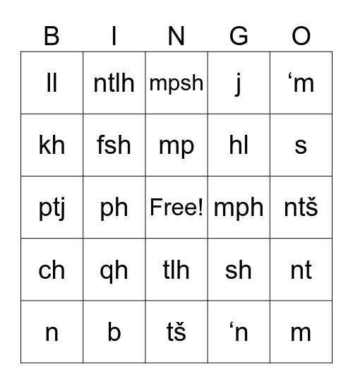 Sesotho Alphabet Bingo Card