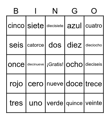 Spanish Numeros 0-20 Bingo Card