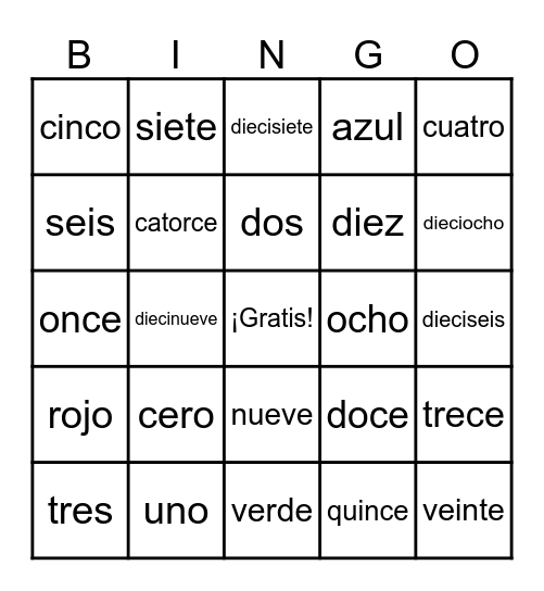 Spanish Numeros 0-20 Bingo Card