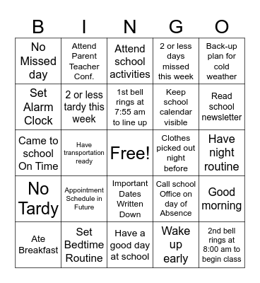 Attendance Bingo Card