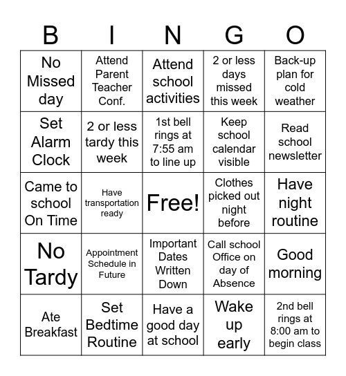 Attendance Bingo Card