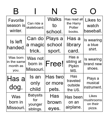 Pipkin MS Reading-A Bingo  Bingo Card