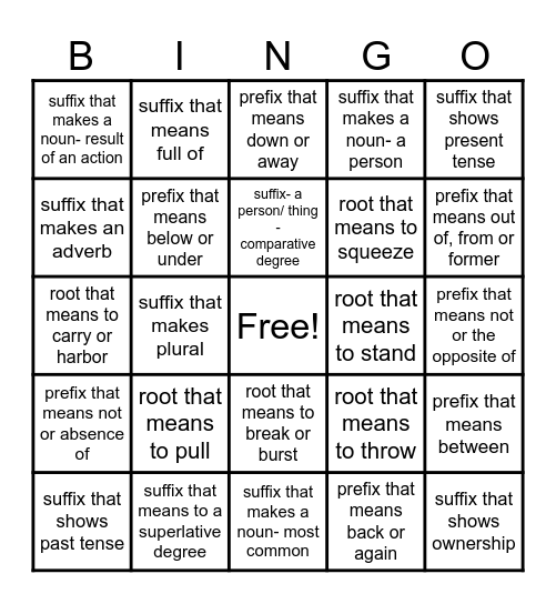 Morphology Bingo Card