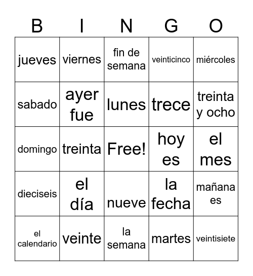 los números y calendario Vocab. Bingo Card