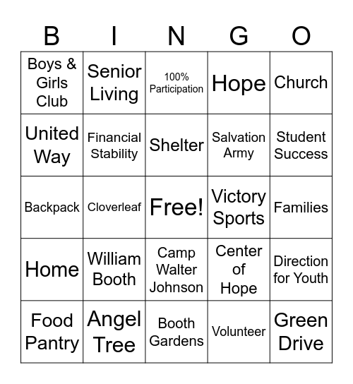 Salvation Army Bingo Card