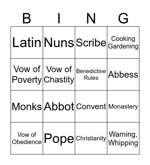 Medieval Religion Bingo Card