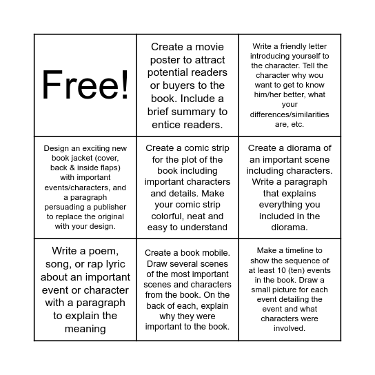 Book Report Bingo Card