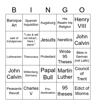 The Protestant Reformation Bingo Card
