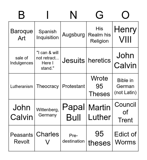 The Protestant Reformation Bingo Card