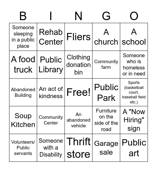 Helping Hand Bingo Card