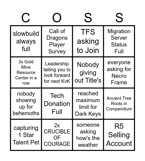 COD OFFSEASON Bingo Card
