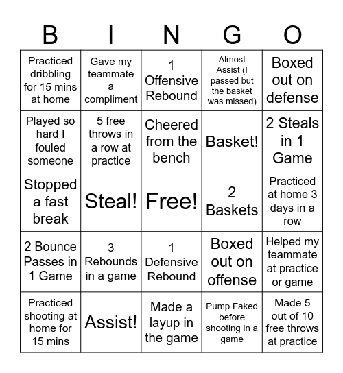 Basketball Bingo Card