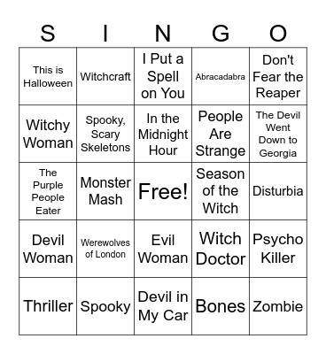 Halloween Singo Bingo Card