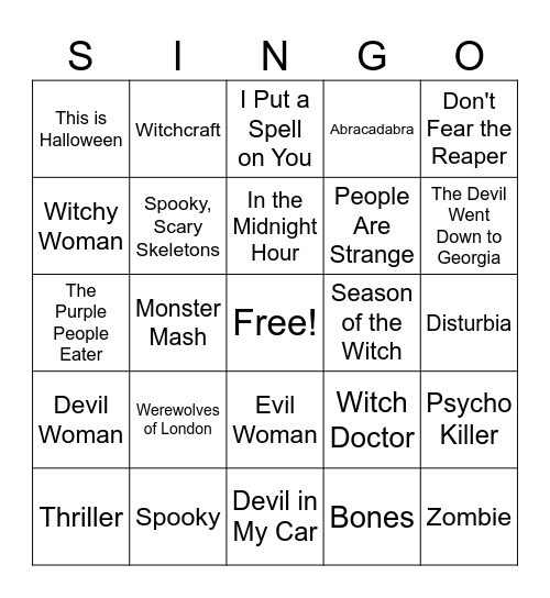 Halloween Singo Bingo Card