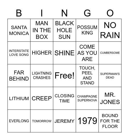 90'S GRUNGE Bingo Card