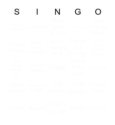 Halloween Singo Bingo Card