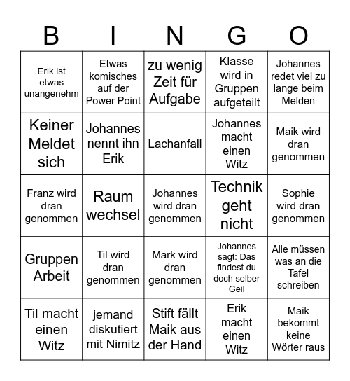 Englisch Bingo Card