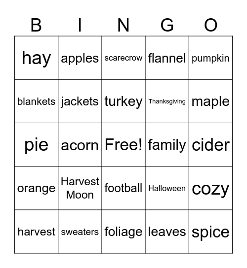 Fall Bingo Card