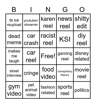 Instagram reel bingo Card