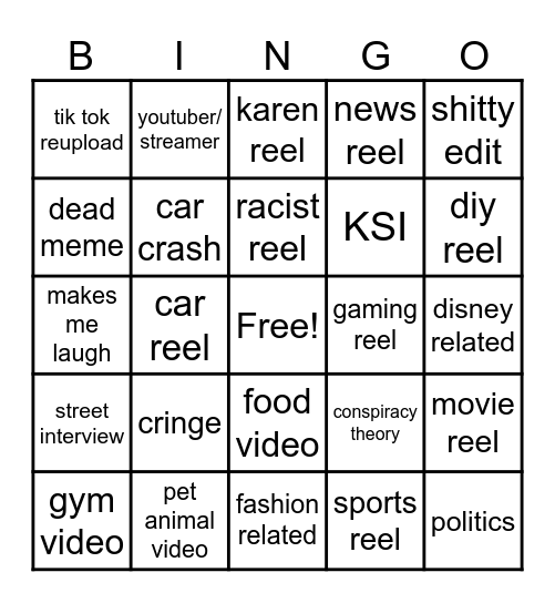 Instagram reel bingo Card