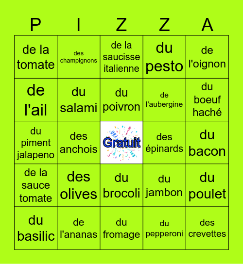 Les ingrédients (Que C'est Bon !) Bingo Card