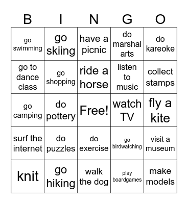 Lesure time English plus 2 Unit 1 Bingo Card