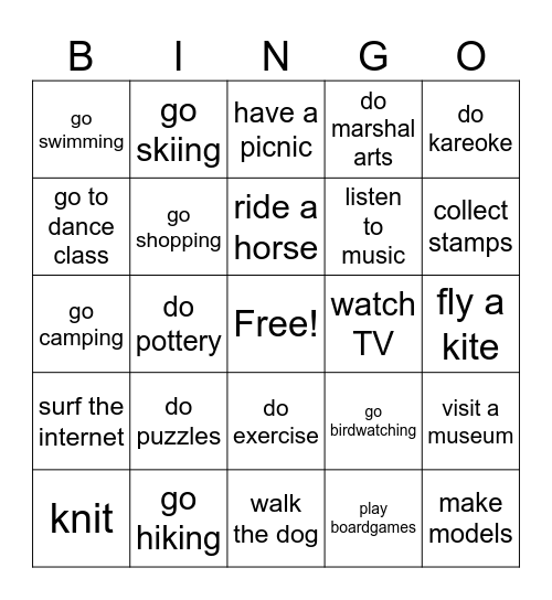 Lesure time English plus 2 Unit 1 Bingo Card