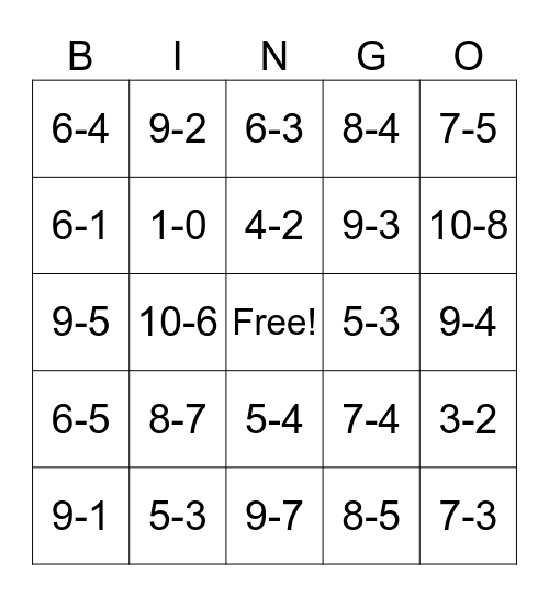 Addition and Subtraction Bingo Card