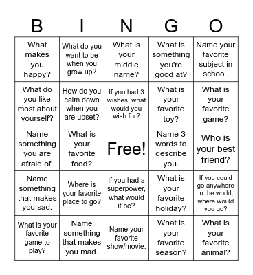 Get to Know Me Bingo Card