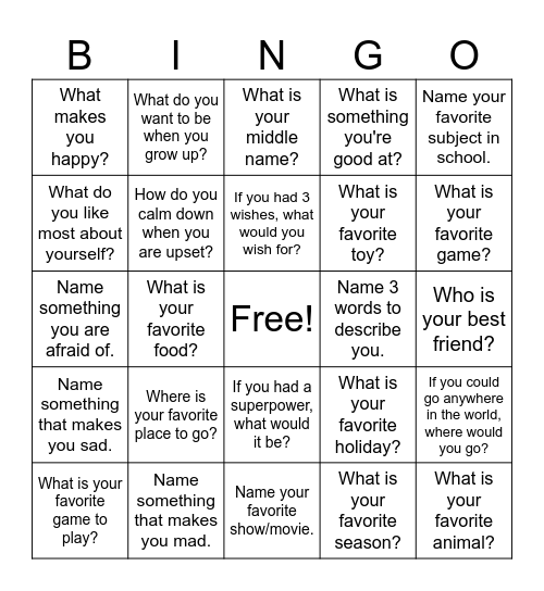 Get to Know Me Bingo Card