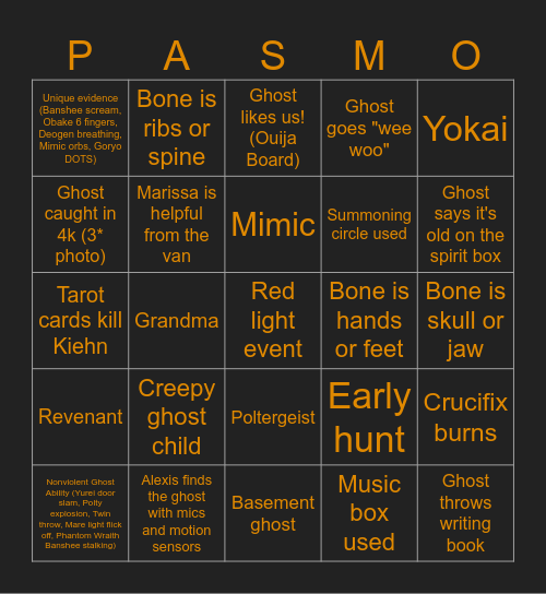 Phasmophobia Bingo Card