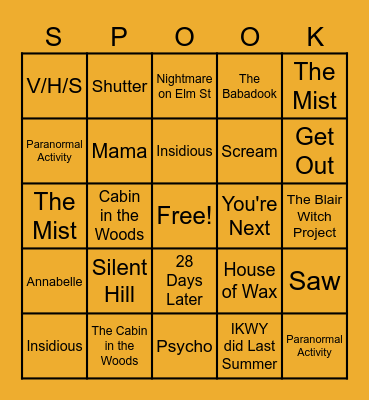 Halloween Movies Bingo Card