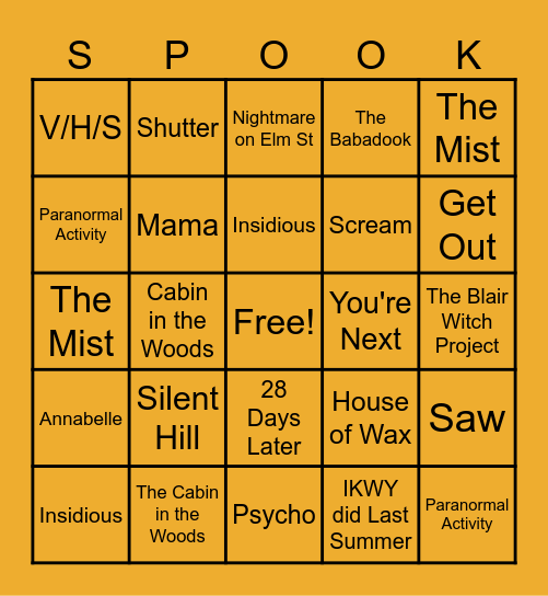 Halloween Movies Bingo Card