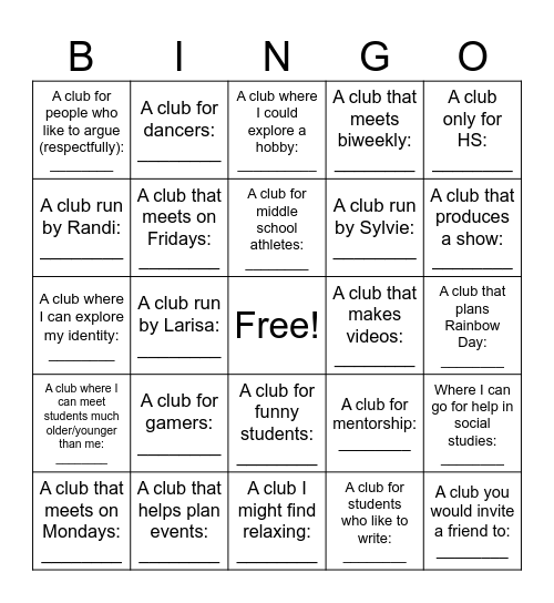 Club Fair Bingo Card