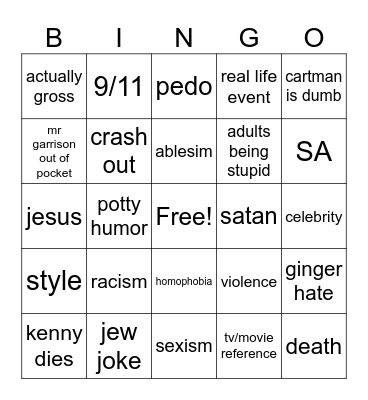 South Park Bingo Card