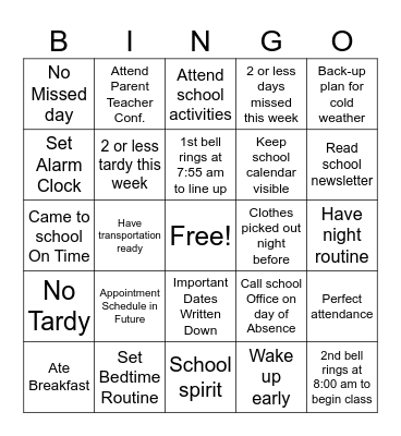 Attendance Bingo Card