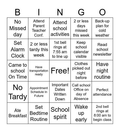 Attendance Bingo Card