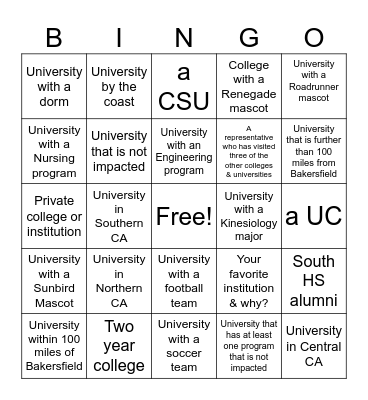 College Week Bingo Card
