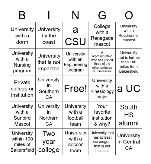 College Week Bingo Card