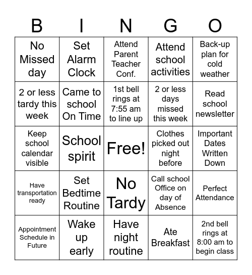 Attendance Bingo Card