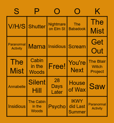 Halloween Movie Bingo Card