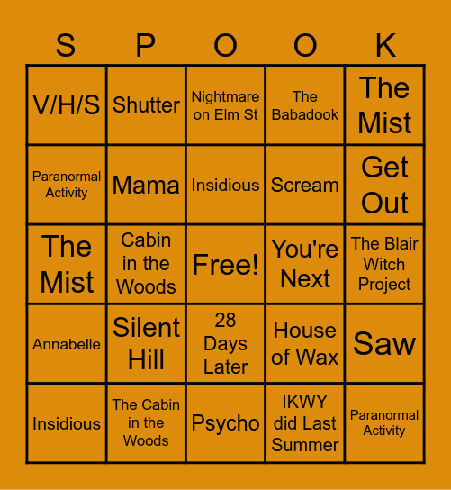 Halloween Movie Bingo Card