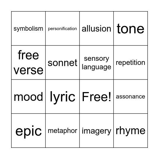 Poetry Loteria Bingo Card