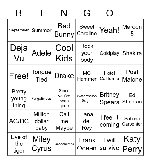 Jukebox Bingo Card