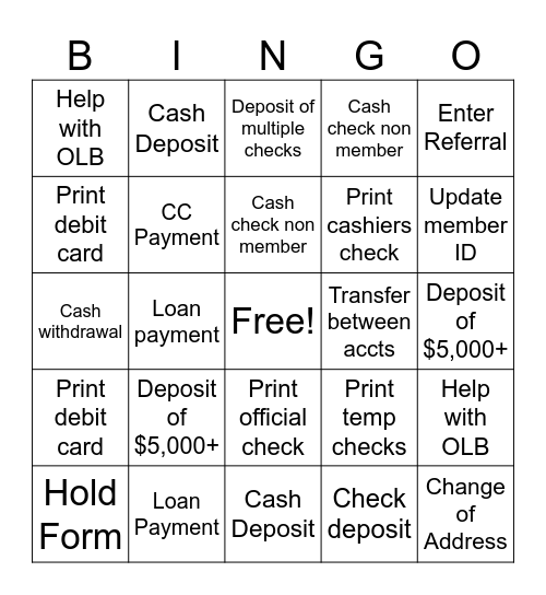 AFCU Teller Bingo Card