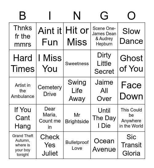 Emo Bingo 2 Bingo Card